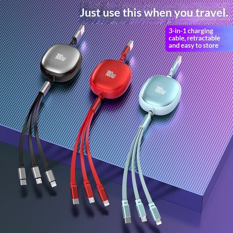 Solid Color Minimalist Metal Retractable 3-in-1 Fast Charging Data Cable